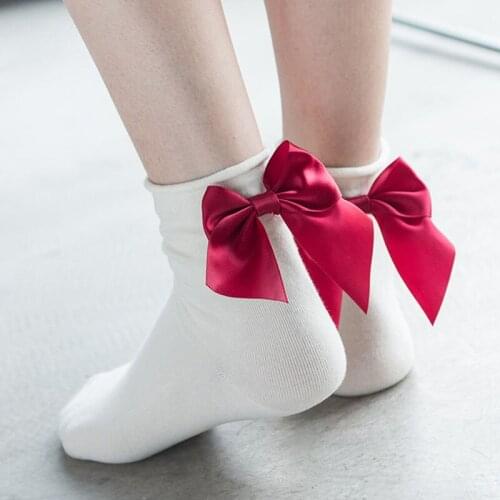 3 Pairs Women Socks Large Bow Piles Women Korean Cotton Korean Version Tube Candy Color Lace Sock Cotton Stovepipe Japanese Sock