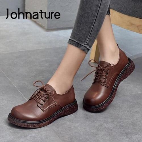 Johnature Pumps Women Shoes Retro Genuine Leather 2021 New Spring/Autumn Lace-Up Handmade Concise Shallow Casual Ladies Shoes