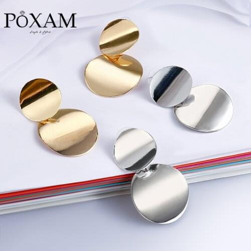 POXAM Korean Unique Drop Earrings For Women Geometric Gold Silver Color Metal Round Earrings 2019 Hanging Dangle Fashion Jewelry