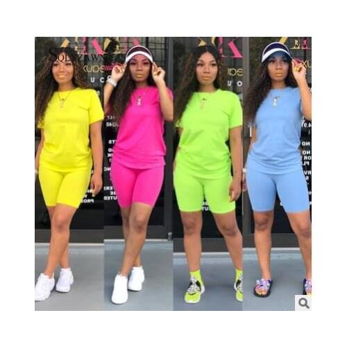 11 Colors Women Summer Solid Casual Two Piece Sets Short Sleeve Tshirt and Biker Shorts Matching Sets Basic Slim Soprtswear