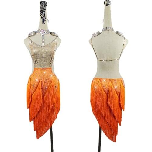 New Women Latin Dance Dress Performance Clothing Female Adult New Sexy Professional Orange High-end Latin Dance Fringed Skirt