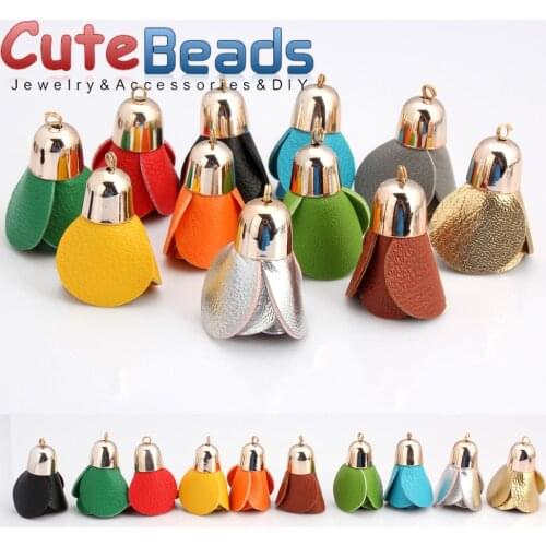 Free shipping gold cap mixed color faux leather rose tassel earrings pendant DIY jewelry production 42 mm 6 pieces / lot