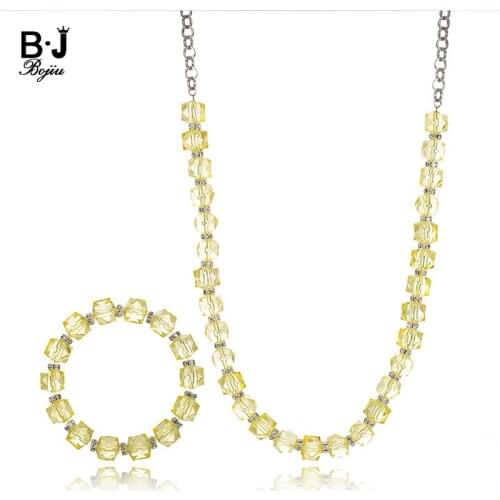 BOJIU Fashion Long Necklace Yellow Bead Silvery Chain Women Necklace Charm Healthy Shining Accessory Set Festive Gift NKS178
