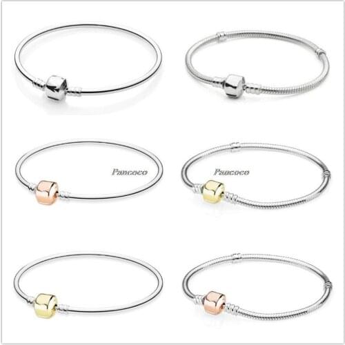 Authentic 925 Sterling Silver Gold Color Barrel Clasp Basic Snake Chain Bracelet Bangle Fit Women Bead Charm Pandora Jewelry