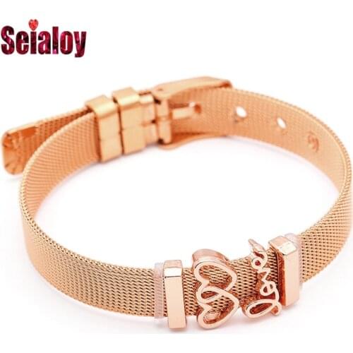 SEIALOY Rose Gold Heart Shape Mesh Bracelet For Women Charm Brands Jewelry Stainless Steel Bracelets Fit Couple Friends Gift