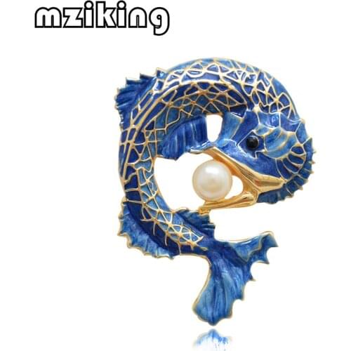 MZC New Blue Fish Brooches Pins for Women Simulated-pearl Brooch Lady Party Accessories Brosche Collar Lapel Pin Female Brosh