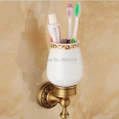 GIZERO Euro Carved Design Tumbler Holder Wall Mount Antique Brass Bathroom Toothbrush Holder GI1646