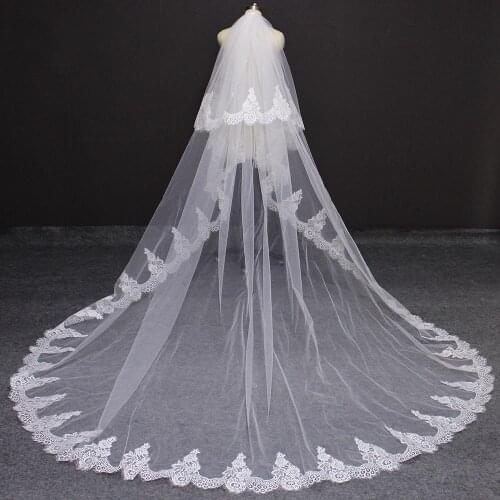 High Quality 2 Layers Eyelash Lace Wedding Veil 3M Long 2T Bridal Veil with Comb Voile Mariage 2019 Wedding Accessories