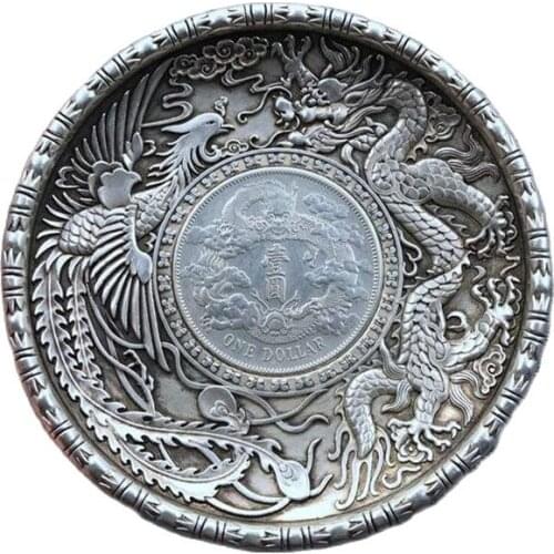 China old Carved Tibetan silver writing-brush washer Double phoenix plates