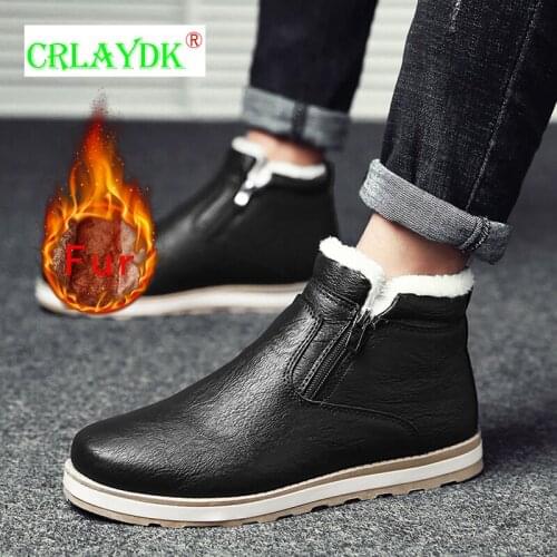 CRLAYDK Leather Waterproof Men Zipper Boots Warm Winter Ankle Shoes Insulated Outdoor Sports Snow Fur Lined Casual High Top