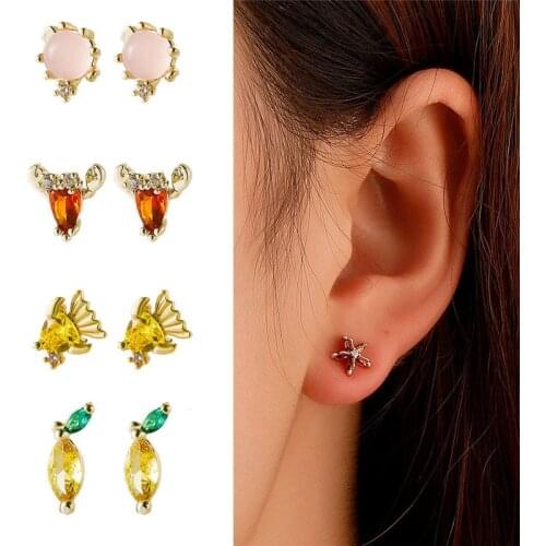 Fashion Cute Mini Zircon Fruit Animal Earrings For Women Girls Simple Style Fish Cherry Lemon Copper Stud Ear Jewelry Gifts