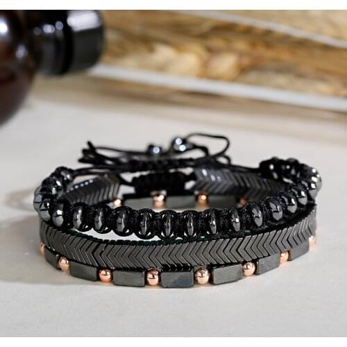 3 Pieces/Lot Fashion Mens And Womens Bracelets Black Gallstone Beaded Hand-Knitted Adjustable Bracelet 2020 Jewelry Gift