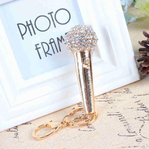 Fashion Mic Microphone Voice Crystal Rhinestone Charm Pendant Purse Bag Car Key Ring Chain Creative Wedding Party Gift