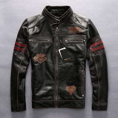 2020 Mens Genuine Leather Vintage Black Thick Cowhide Slim Fit Motorcycle Biker Embroidery Coat Spring Plus Size Jacket