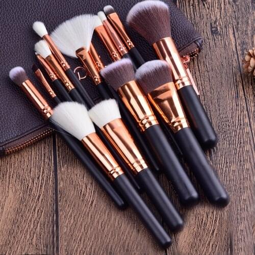 FOEONCO 15 PCS ROSE GOLDEN COMPLETE MAKEUP BRUSH SET Professional Luxury Set Make Up Tools Kit Powder Blending Brushes with Bag