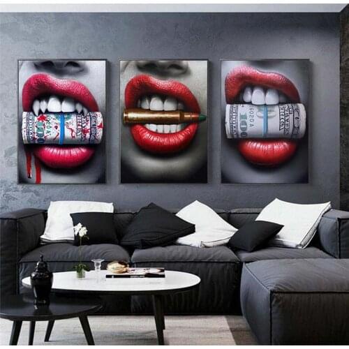 Sexy Bleeding Red Lips Wall Art Canvas Prints Modern Lips With Bullet and Money Canvas Art Paintings Cuadros Pictures Wall Decor
