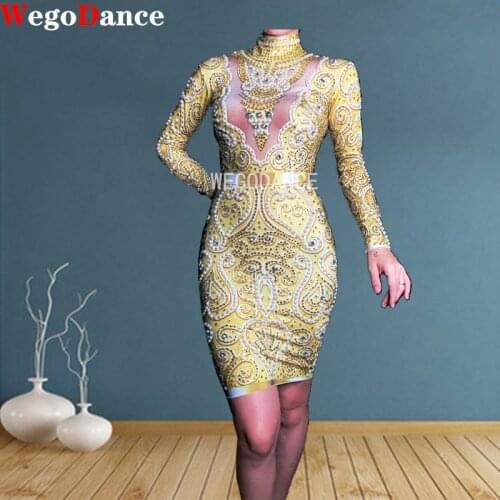 Women New Fashion Shining Rhinestones Pearls Sexy Dress Long Sleeves Gold Singer Evening Wear Dresses