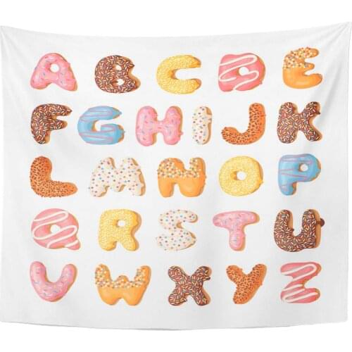 Doughnut Pink Word Cartoon Donut with Sweet Bun Actual Creative Bake Alphabet Food Text Home Decor Tapestry Wall Hanging