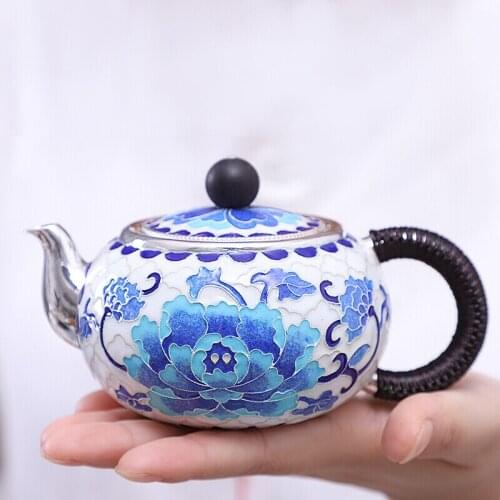 Peony Blossom Pure Handmade Silver Teapot Pure Silver 999 Silver Teapot Silver Fetus Enamel Cloisonne Teapot