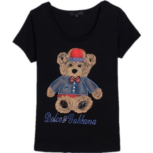 Short Sleeve Fashion Diamond Cartoon Pattern T Shirt Women Slim O-Neck Summer Tops Tees Beading T-Shirts