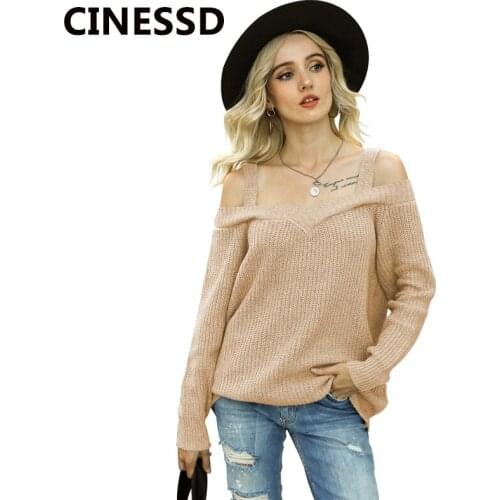 CINESSD Women Cold Shoulder Knitted Sweater Gray Pullover Sexy Spaghetti Straps Solid Long Sleeves Casual Autumn Winter Sweaters