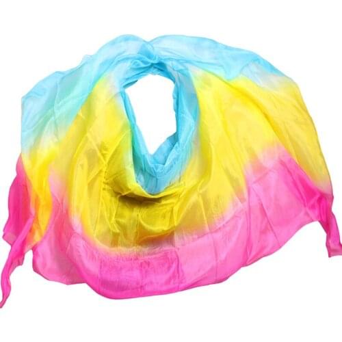 High quality 100% Silk 1pc dance veils handmade natural silk belly dance veil turquoise+yellow+rose 250*114 cm dance accessories