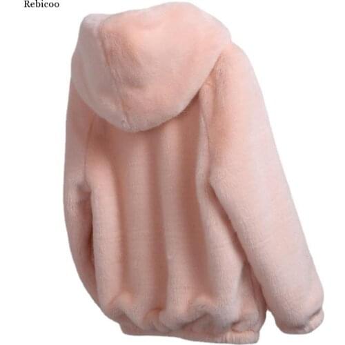Women Winter New Korean Version of Loose Imitation Mink Hooded Jacket Solid Color Thick Zipper Warm Pocket Sweet Girl Coat
