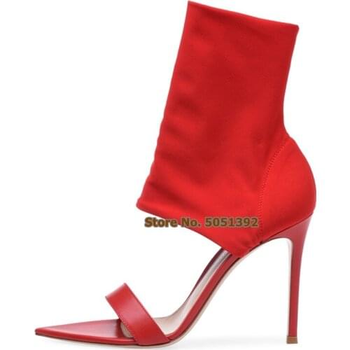 Women High Thin Heel Open Toe Sandals Booties Ankle Short Boots Fashion Elastic Sock Boots Black Red Plus Size Side Holllow