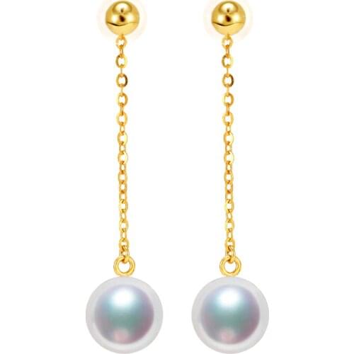 Sinya Au750 gold beads long chain drop earring with 7-9 mm Natural Round high luster pearls tassel design earring for women Mom
