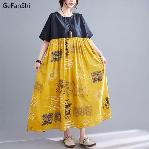2021 New Cotton Summer Women Dress Loose Vintage Casual Patchwork Short Sleeve Dress Fashion Elegant Dresses Robe Large Size