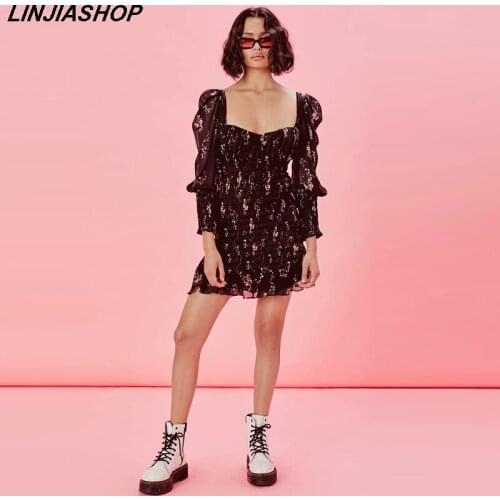 For Love Womens Dixon Mini Dress Full smocked bodice Sweetheart neckline Sheer puffed long sleeves straight summer dress