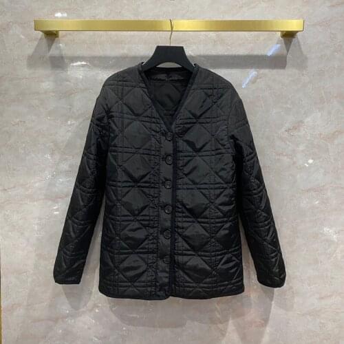 Autumn Winter New Designer Womens High quality Vintage V-neck padded coat Hot Chic Argyle overcoat B720