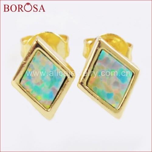 BOROSA 5pairs Gold Bezel Rhombus White Opal Earrings for Girls,Fashion Gems Japanese Opal Earrings Drusy Jewelry ZG0206