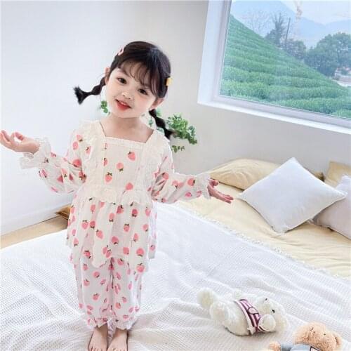 2020 Spring Girl Pajama Korean Baby Full Print Strawberry Cotton Yarn Home Wear Sweet Princess Style Lace Stitching Pajama Sets