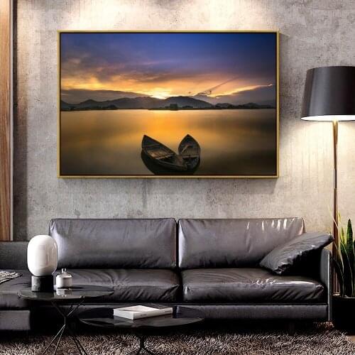 Artcozy Oil Canvas Painting two_old_wooden_boats_smooth_water For Home Decoration Wall Art