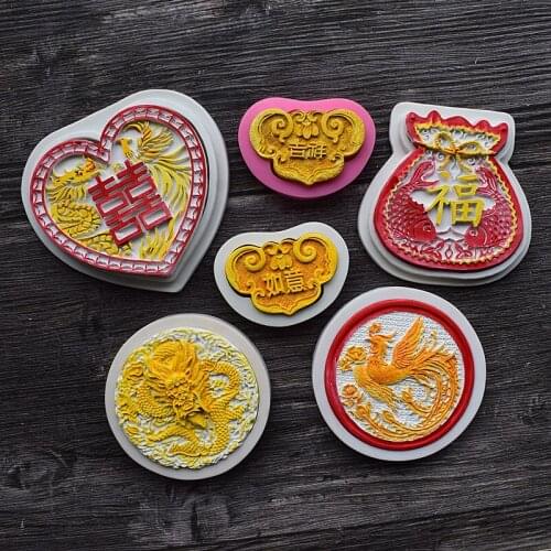 DIYChinese Phoenix / Chinese Dragon / Chinese Lock Shape Sugar art mold chocolate mold sugar mold Xi font Chinese Fu bag1663-68