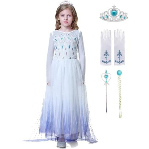 Elsa 2 Princess Costume for Girls Long Sleeve Sequin White Gown with Cloak Snow Queen 2 Halloween Cosplay Costume Kids Clothing