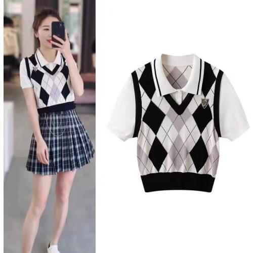 Fake Two Diamond Check T-shirt Womens 2021 Summer New Retro College Style Splicing Short Sleeved Top