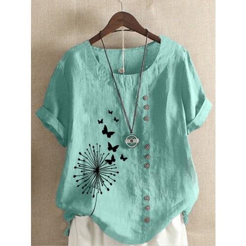 Summer Womens Dandelion Printed Short Sleeve Round Neck T-shirt Ladies Casual Linen Shirts Plus Size Blouse Tops S-5XL