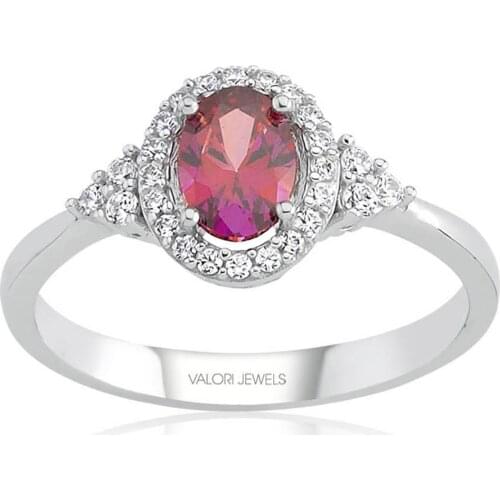 Valori Jewels 0.65 Carat, Zirconia Red And White Oval Gemstone, Rhodium Plated, Sterling Silver Ring