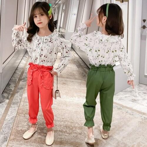 Spring Girls Clothes Sets Cotton Doll collar Blouse + Casual trousers 2pcs Childrens Clothing Set For Girls 4 7 6 8 12 14 Years
