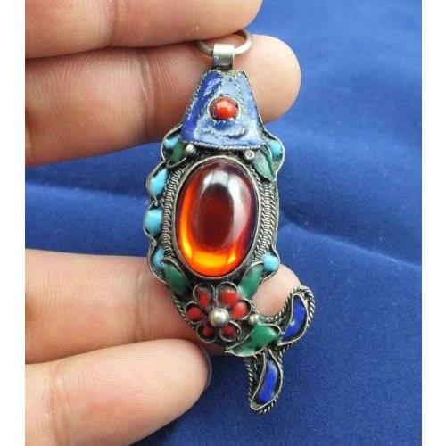 Beautiful Chinese Tibetan silver Cloisonne inlaid with Zircon fish pendant