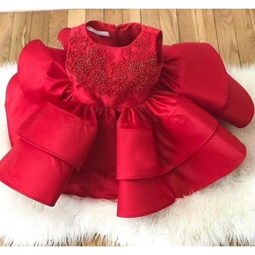 Red Satin Baby Girls Dresses Beads Lace O Neck Infant Princess First Birthday Dress Kids Party Clothes 3M-14Years