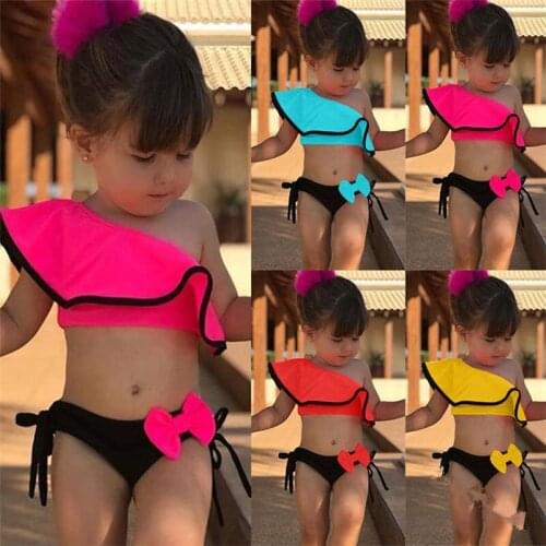 2021 New Summer Baby Kids Girl Two Piece Swimsuit Child Swimwear Ruffles Bow Water Sports Bikini Shoulder Beach Bathing