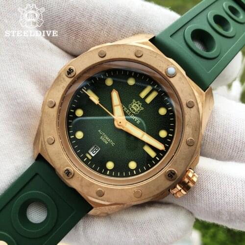 STEELDIVE Mens 200m Automatic Watch Luminous Sapphire Mechanical Watch Bronze Bezel Calendar Diver Watch Men