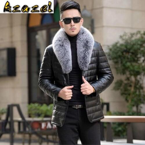2020 Winter new leather down jacket for men male short fox fur collar leather jacket slim Korean jaqueta male Casual jacket tide