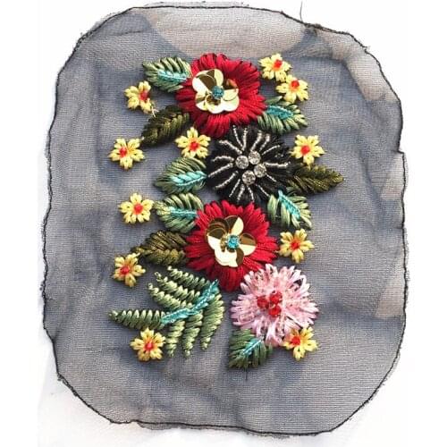 Ribbon embroidery patch,handmade net yarn beaded lace shoulder pocket decorations patch,clothing accessories