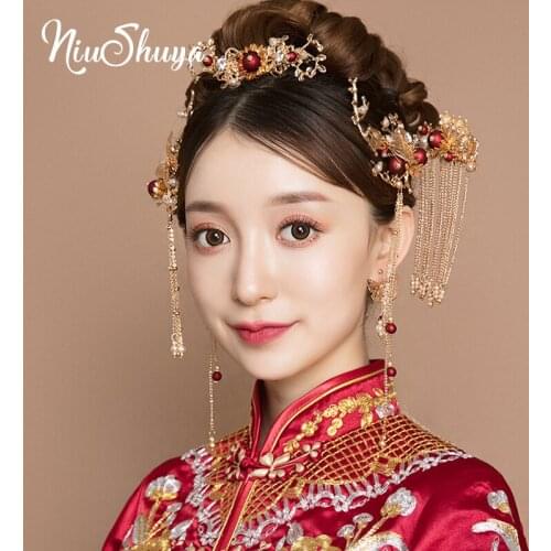 NiuShuya Handmade Long Tassel Vintage Brides Hair Accessories Chinese Classical Wedding Headdress Jewelry Hair Combs Hairwear