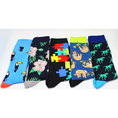 2019 NEW Cartoon Woodpecker Flowers Happy Socks Men Socks Puzzle Knee-High Socks Personality Funny Crew Socks Calcetine