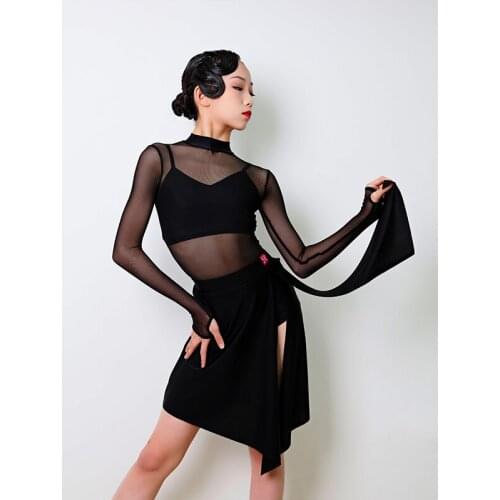 New ChildrenS Latin Dance Dress Oblique Shoulder Latin Practice Dress Girls Black Mesh Dress Latin Competition Dresses DQS4725